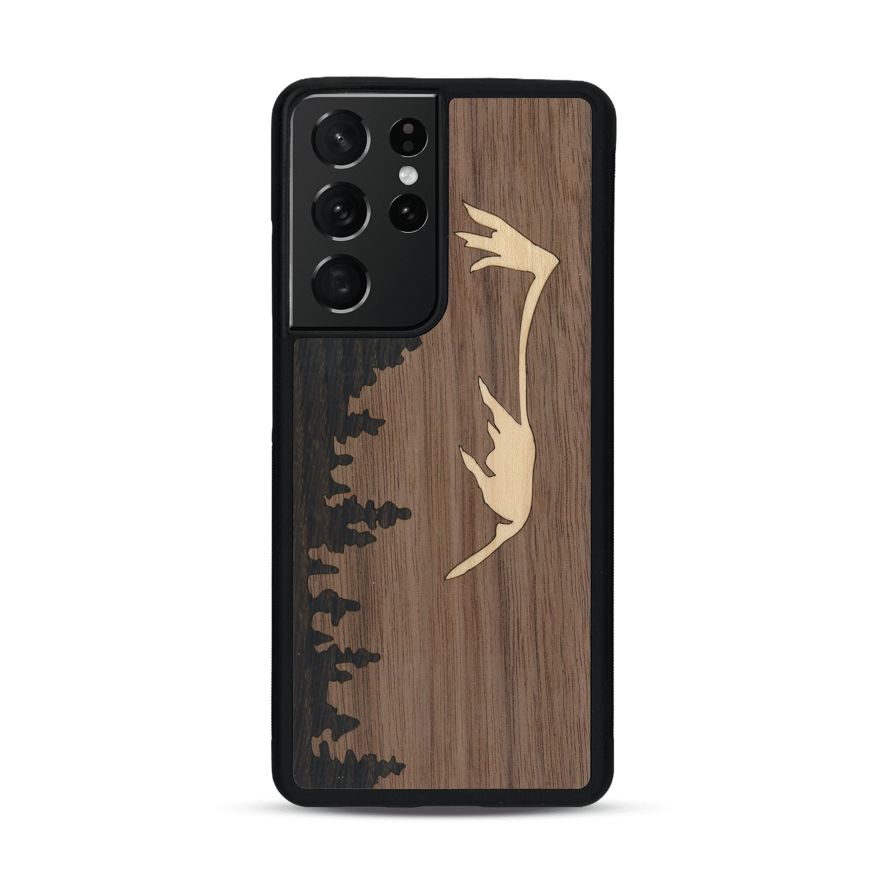 Coque de protection en bois véritable fabriquée en France pour  sur le thème de la nature et de la montagne qui allie du chêne fumé, du noyer et du bambou représentant le mont mézenc