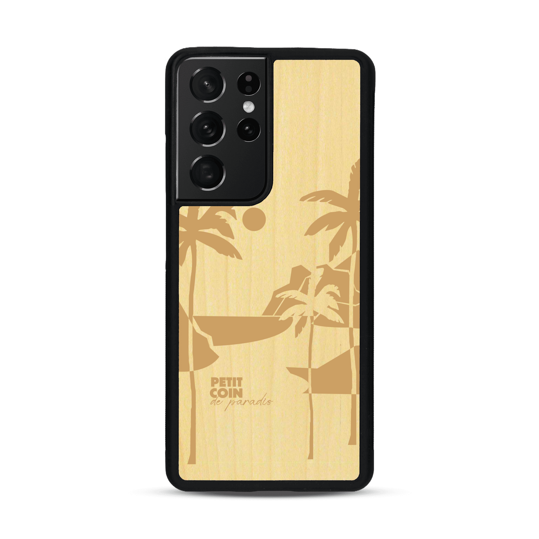 Coque de protection en bois véritable fabriquée en France pour  sur le thème des voyages en vans, vanlife et chill avec une gravure représentant un van vw combi devant le soleil couchant sur une plage avec des vagues
