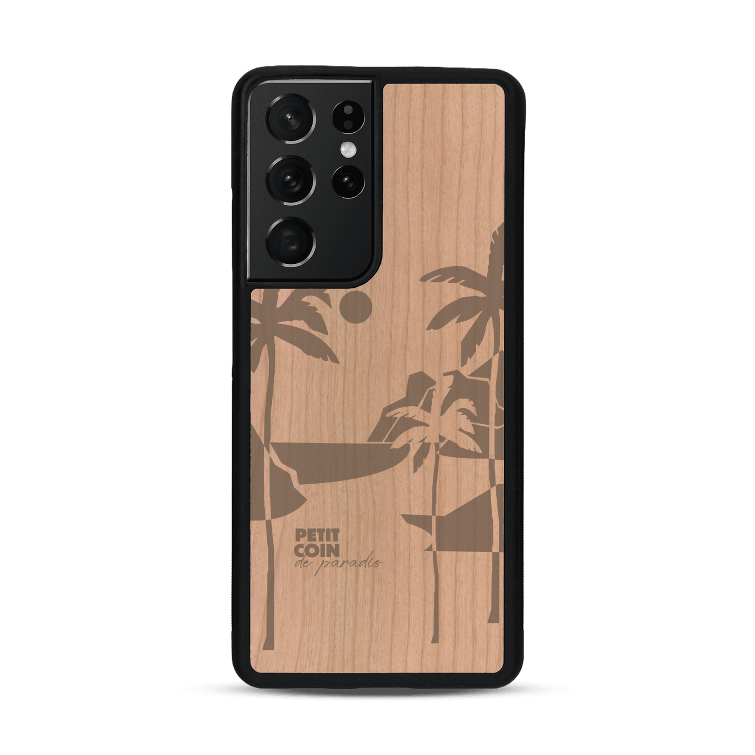 Coque de protection en bois véritable fabriquée en France pour  sur le thème des voyages en vans, vanlife et chill avec une gravure représentant un van vw combi devant le soleil couchant sur une plage avec des vagues