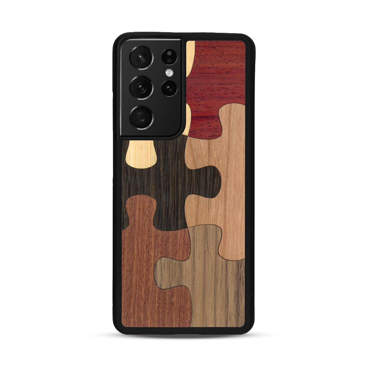 Coque de protection en bois véritable fabriquée en France pour  représentant un puzzle en six pièces qui allie du chêne fumé, du noyer, du bambou, du padouk, du merisier et de l'acajou