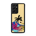 Coque de protection en bois véritable fabriquée en France pour Samsung S21 Ultra représentant un tigre coloré avec un design moderne et minimaliste sur le thème de la jungle et de la nature