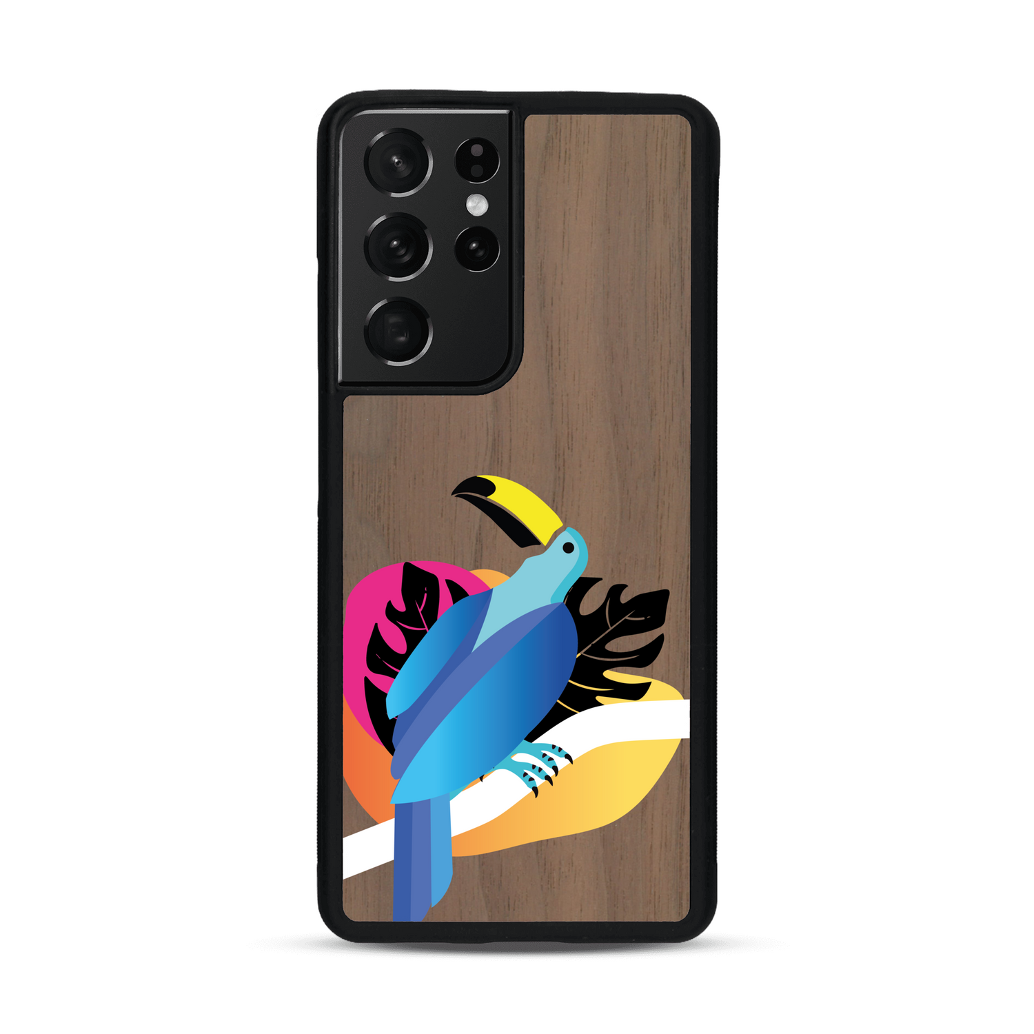 Coque de protection en bois véritable fabriquée en France pour Samsung S21 Ultra représentant un toucan coloré avec un design moderne et minimaliste sur le thème de la jungle et de la nature