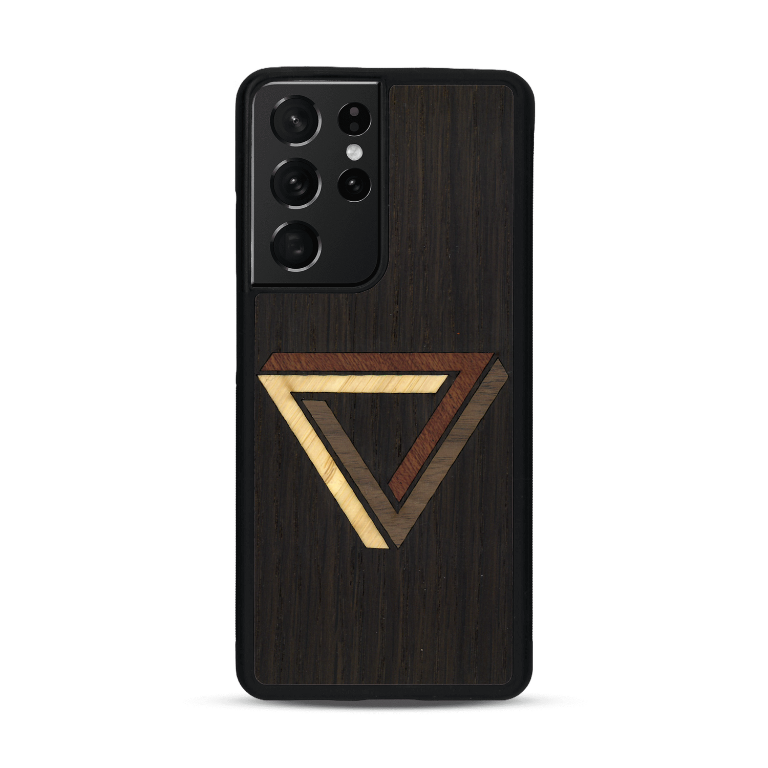 Coque de protection en bois véritable fabriquée en France pour  sur le thème de l'art géométrique qui allie du chêne fumé, du noyer, du bambou et du padouk représentant le triangle de penrose