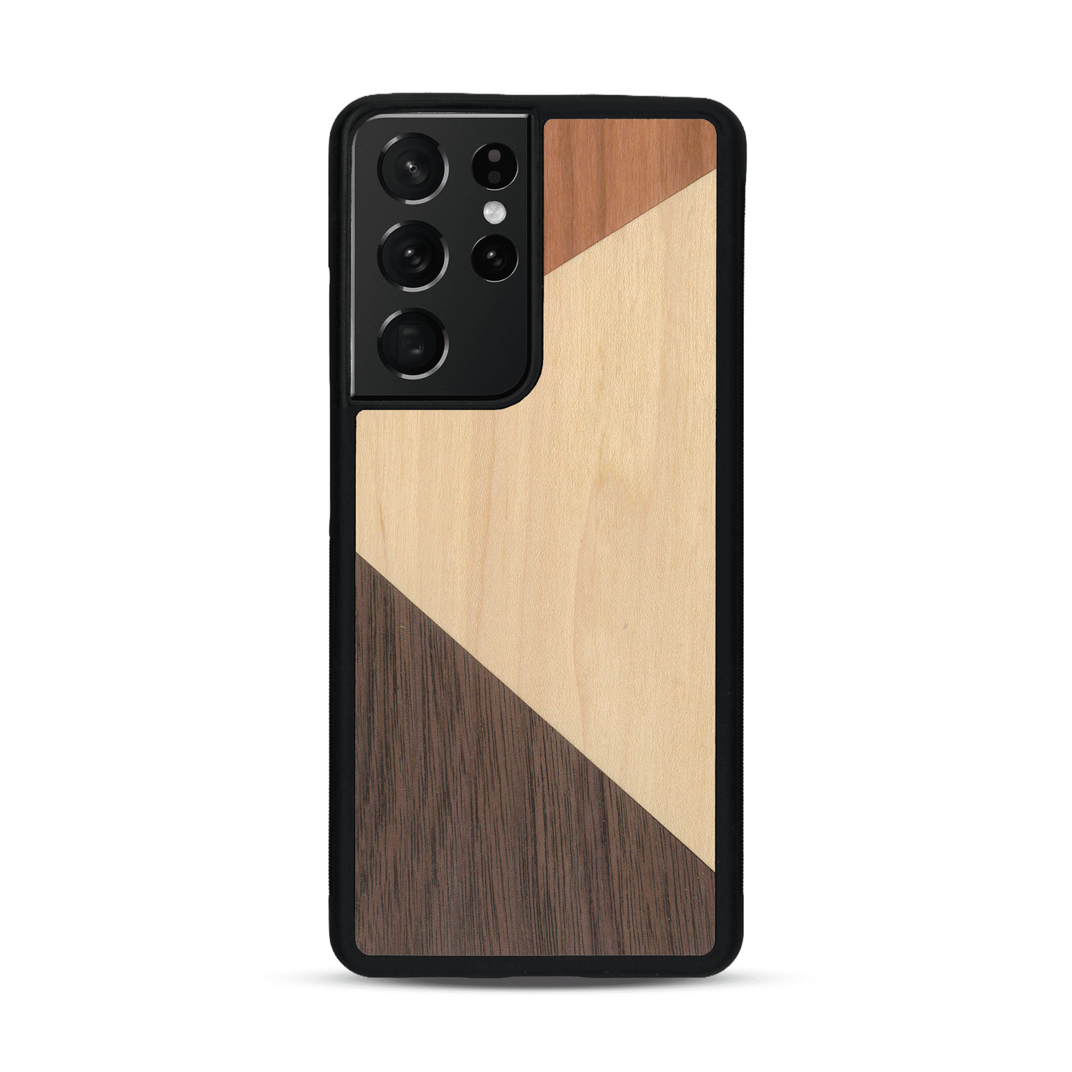Coque de protection en bois véritable fabriquée en France pour  alliant du merisier, du noyer et du bambou formant chacun deux triangles et un trapèze avec deux jointures en diagonale sur le thème de l'art abstrait