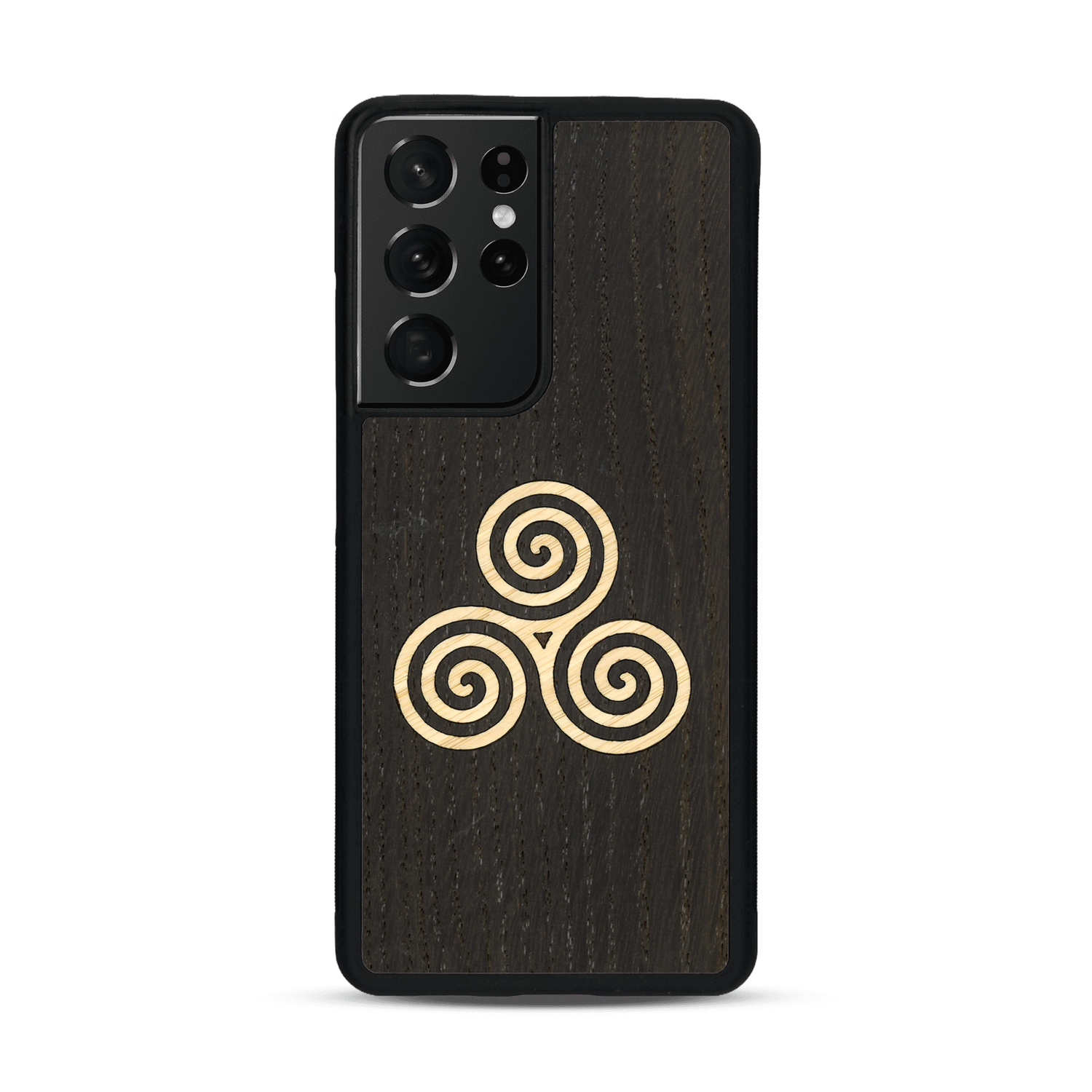 Coque de protection en bois véritable fabriquée en France pour  alliant du chêne fumé et du bambou et doré représentant un triskell