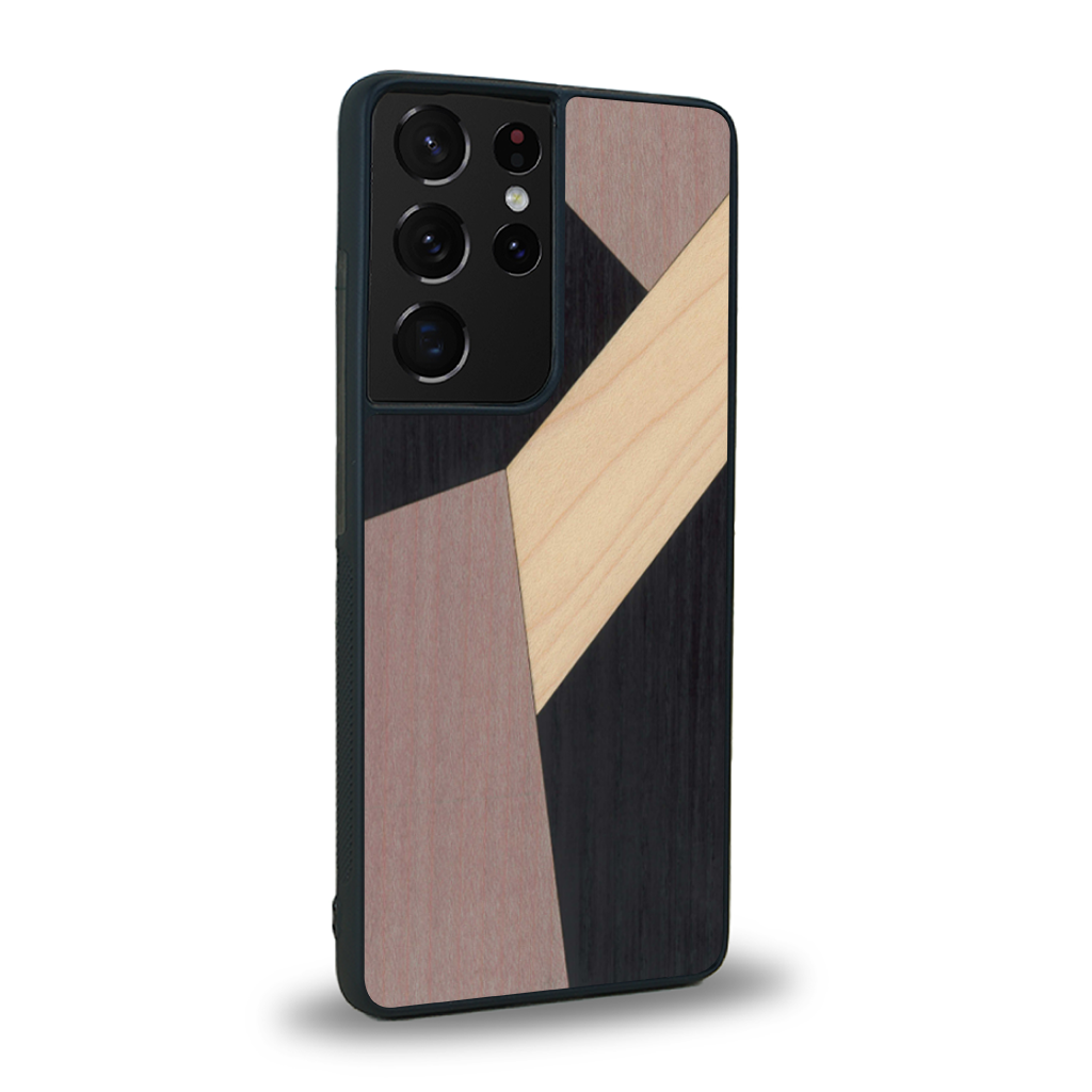 Coque de protection en bois véritable fabriquée en France pour Samsung S21 Ultra alliant du bambou, du tulipier mauve et noir en forme de mosaïque minimaliste sur le thème de l'art abstrait