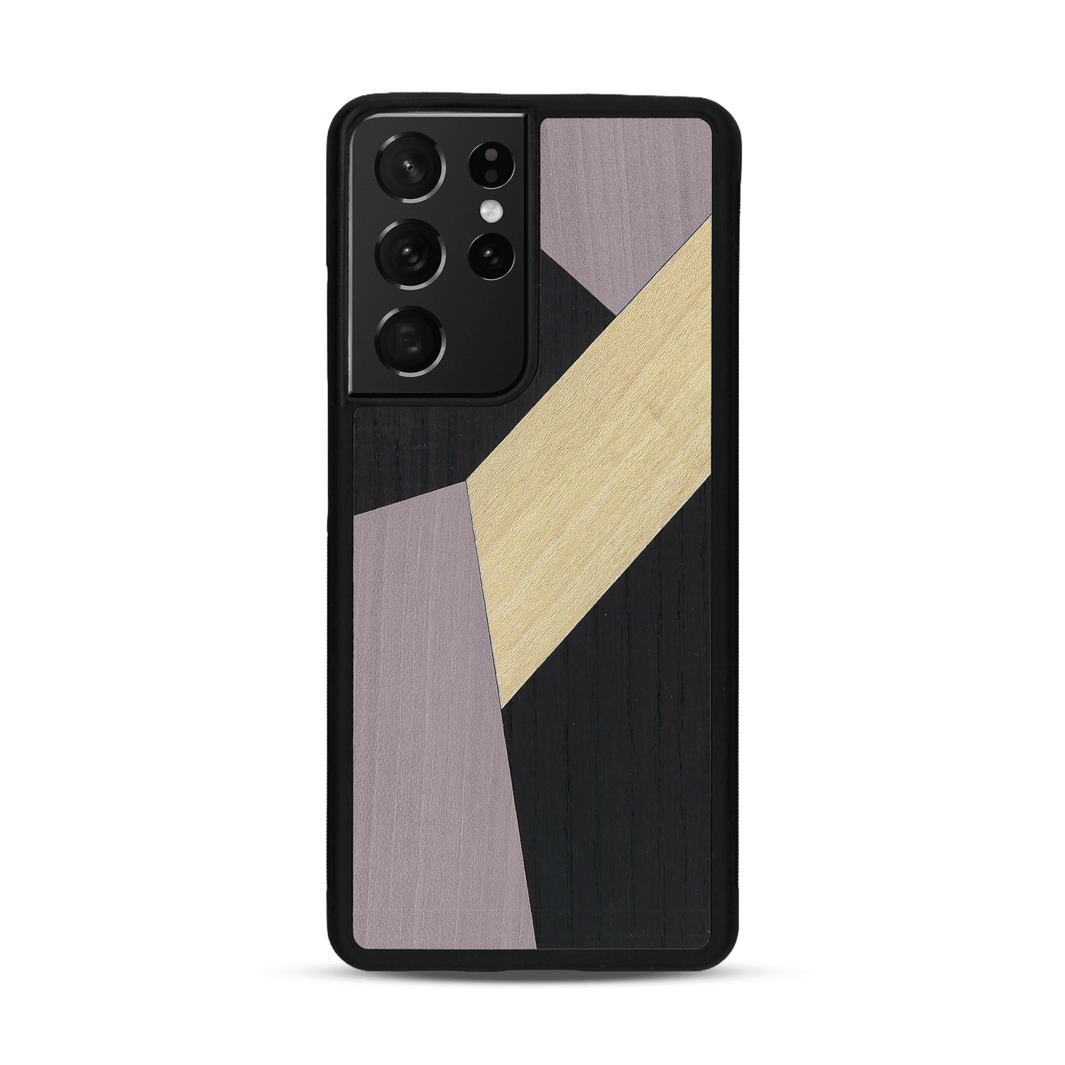 Coque de protection en bois véritable fabriquée en France pour  alliant du bambou, du tulipier mauve et noir en forme de mosaïque minimaliste sur le thème de l'art abstrait