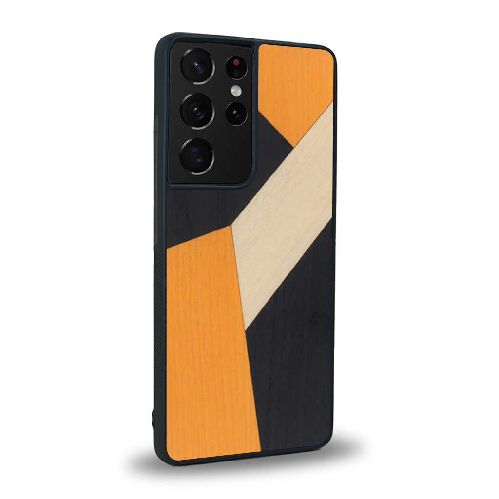 Coque de protection en bois véritable fabriquée en France pour Samsung S21 Ultra alliant du bambou, du tulipier orange et noir en forme de mosaïque minimaliste sur le thème de l'art abstrait