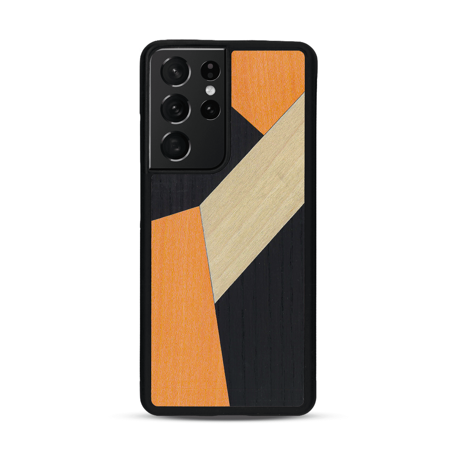 Coque de protection en bois véritable fabriquée en France pour  alliant du bambou, du tulipier orange et noir en forme de mosaïque minimaliste sur le thème de l'art abstrait