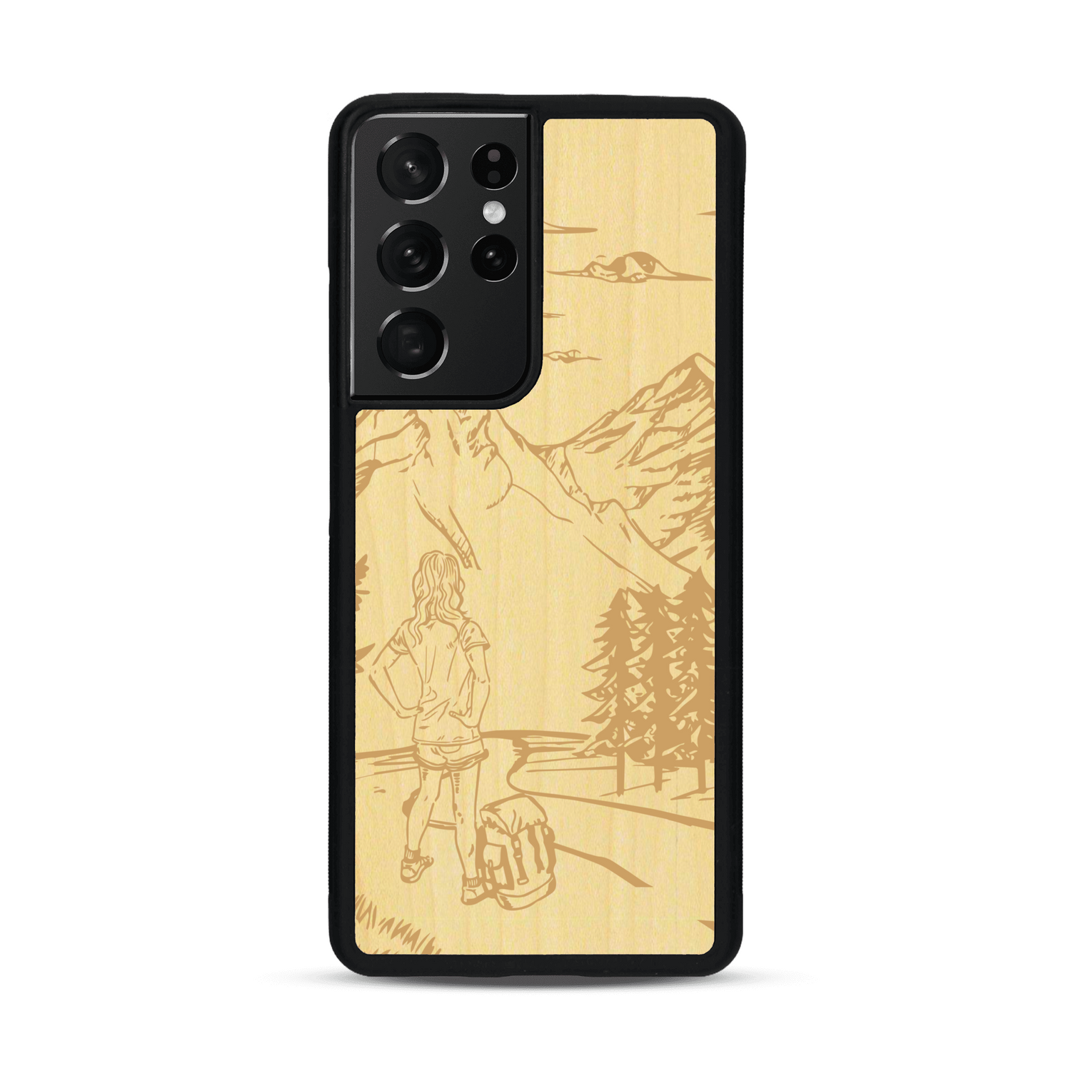 Coque de protection en bois véritable fabriquée en France pour  sur le thème de la randonnée en montagne et de l'aventure avec une gravure représentant une femme de dos face à un paysage de nature