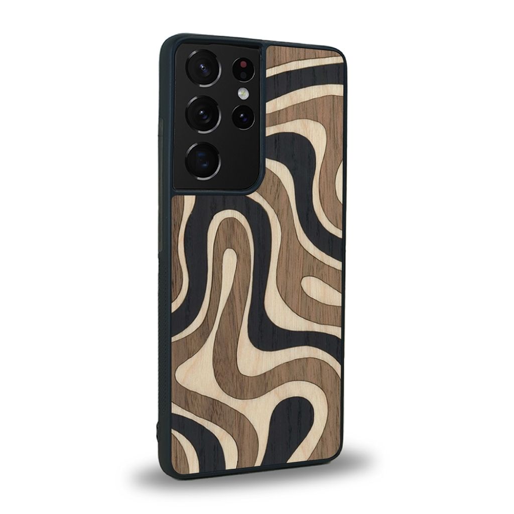 Coque de protection en bois véritable fabriquée en France pour Samsung S21 Ultra alliant plusieurs essences de bois pour représenter une ondulation