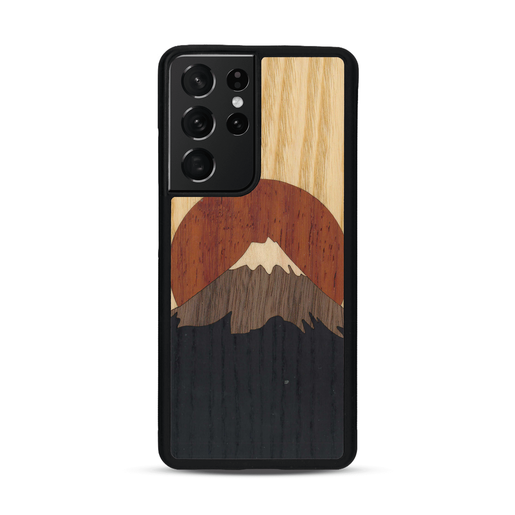 Coque de protection en bois véritable fabriquée en France pour  alliant plusieurs essences de bois pour représenter le mont Fuji
