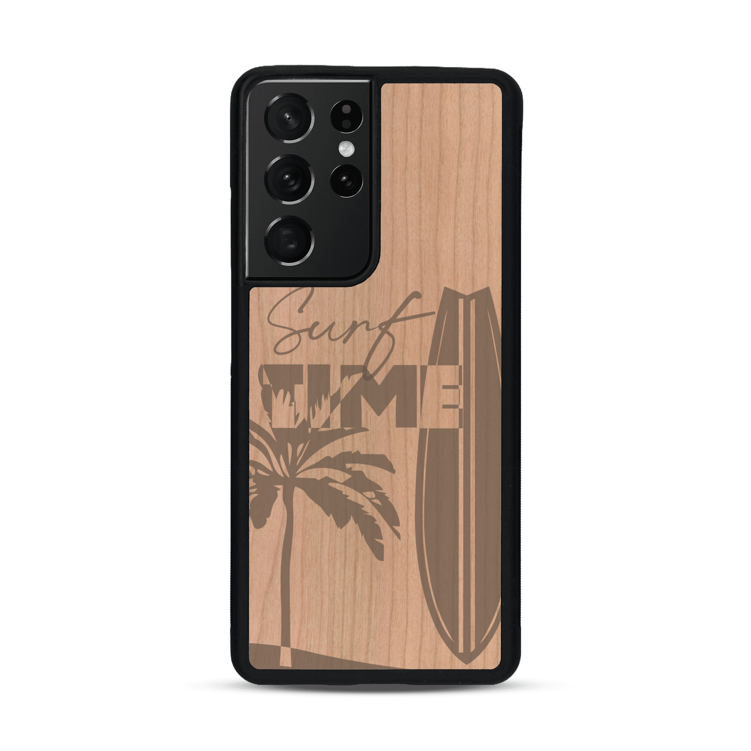 Coque de protection en bois véritable fabriquée en France pour  sur le thème chill avec un motif représentant une silouhette tenant une planche de surf sur une plage entouré de palmiers et les mots "Surf Time Long Beach Miami"