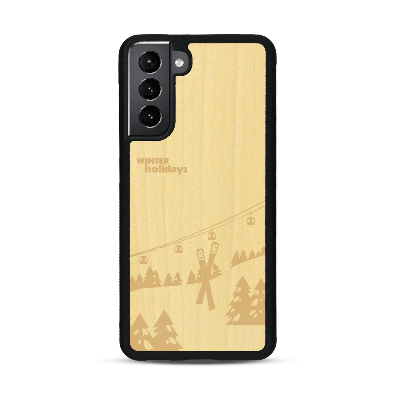 Coque de protection en bois véritable fabriquée en France pour  sur le thème de la montagne, du ski et de la neige avec un motif représentant une paire de ski plantée dans la neige avec en fond des montagnes enneigées