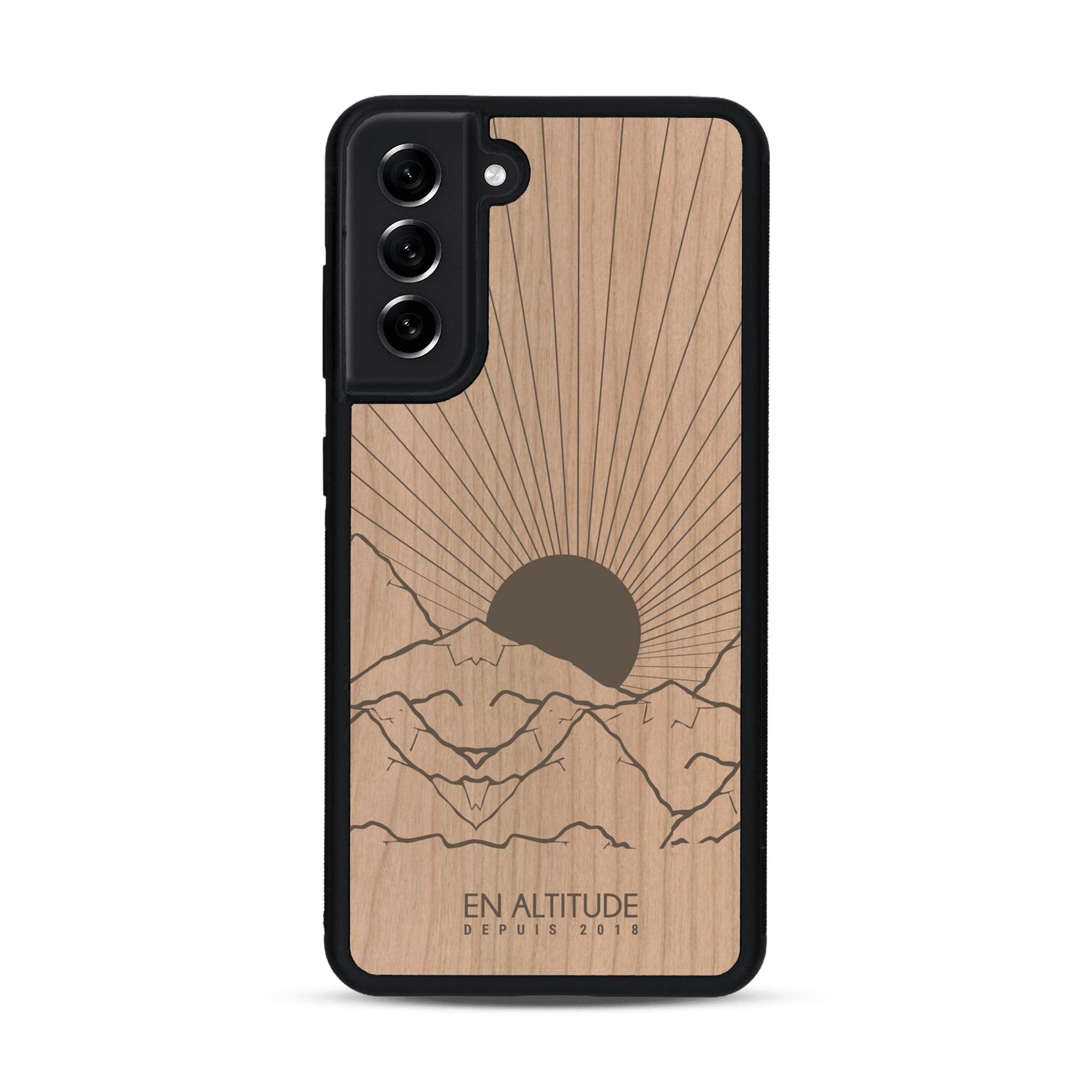 Coque de protection en bois véritable fabriquée en France pour  représentant des montagnes, sur le thème de la randonnée en pleine nature et du trail