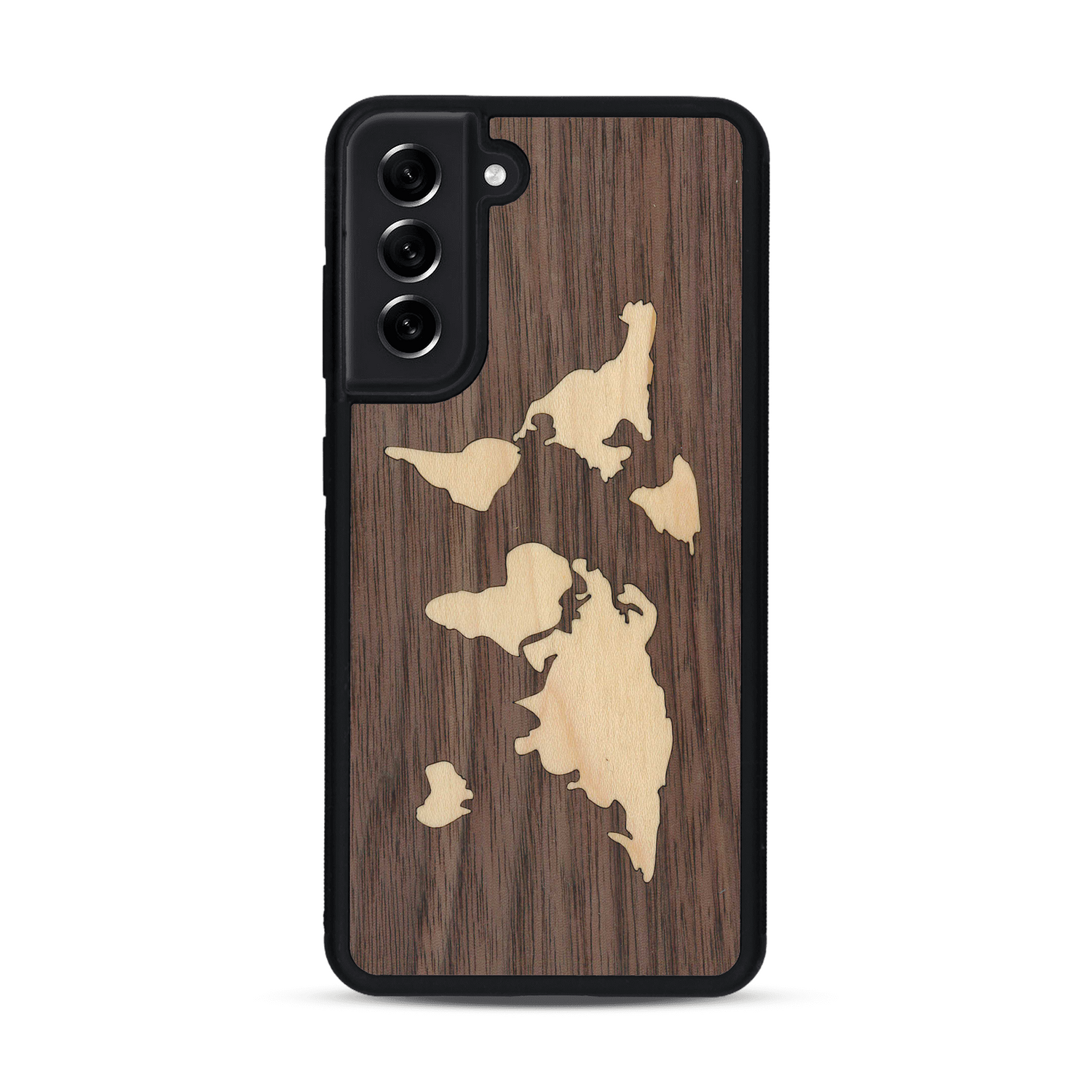 Coque de protection en bois véritable fabriquée en France pour  alliant du bambou et du noyer sur le thème du voyage et de l'aventure représentant une mappemonde