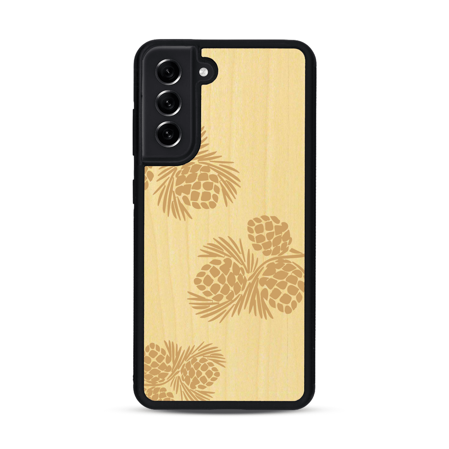 Coque de protection en bois véritable fabriquée en France pour  sur le thème de la nature des arbres avec un motif de gravure représentant des épines de sapin et des pommes de pin