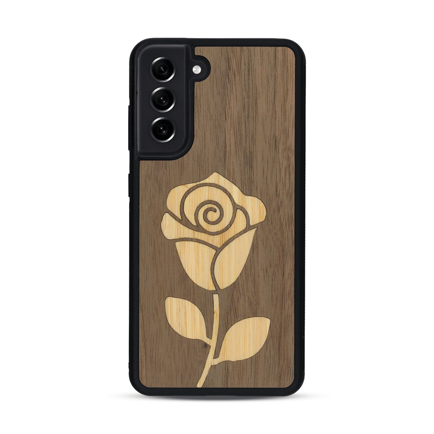 Coque de protection en bois véritable fabriquée en France pour  alliant plusieurs essences de bois pour représenter une rose