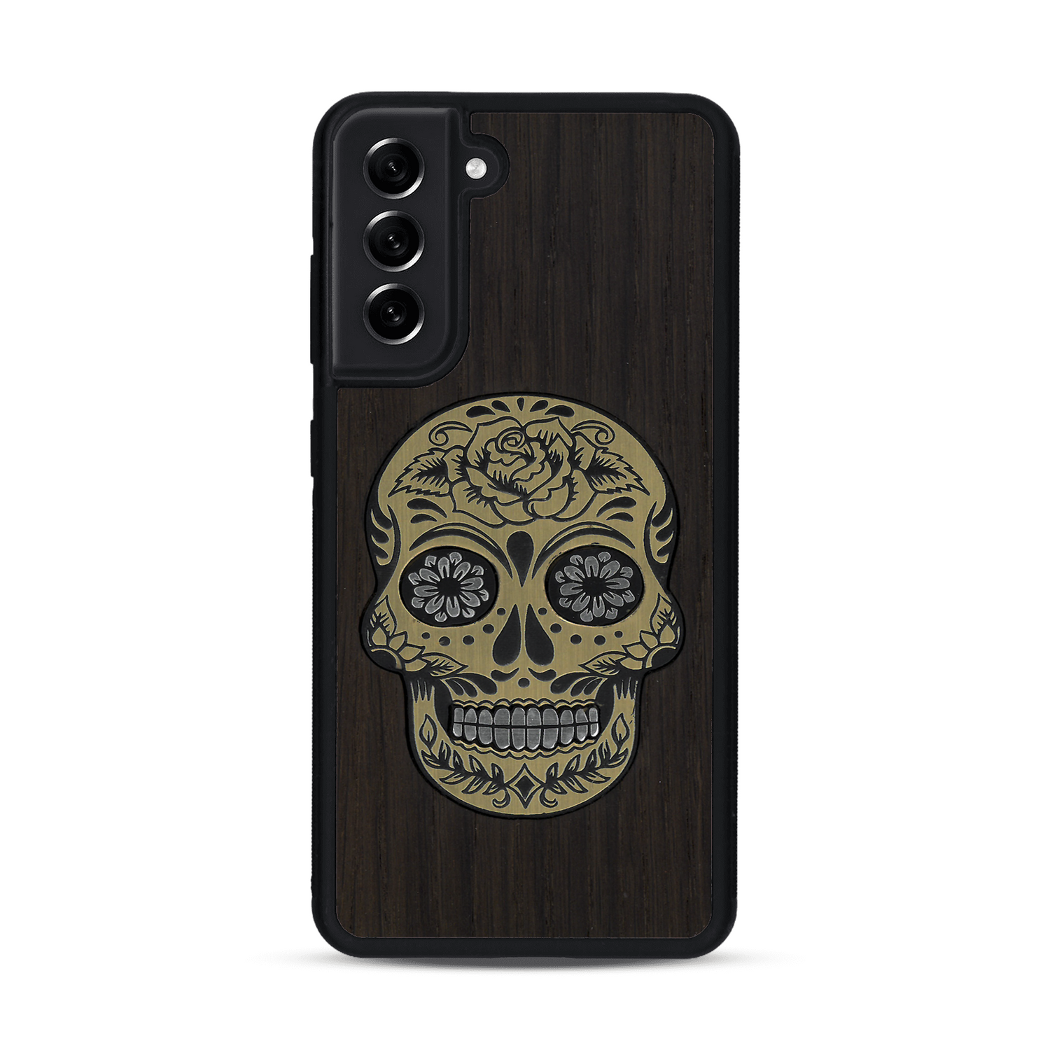 Coque de protection en bois véritable fabriquée en France pour  alliant du chêne fumé avec du métal argenté et doré représentant une tête de mort mexicaine sur le thème Dia de los Muertos