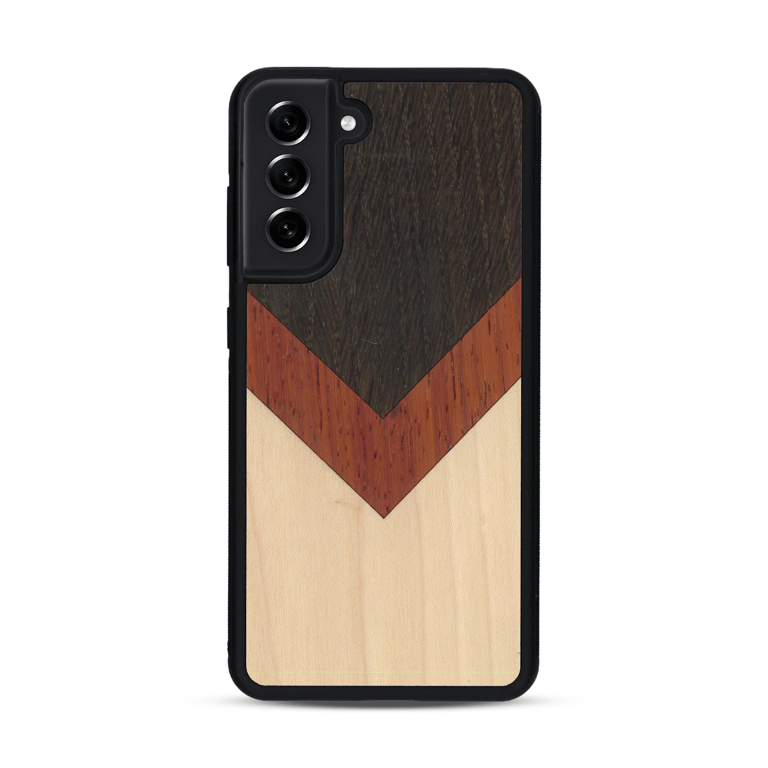 Coque de protection en bois véritable fabriquée en France pour  alliant du chêne fumé, du padouk et du bambou en forme de chevron sur le thème de l'art abstrait