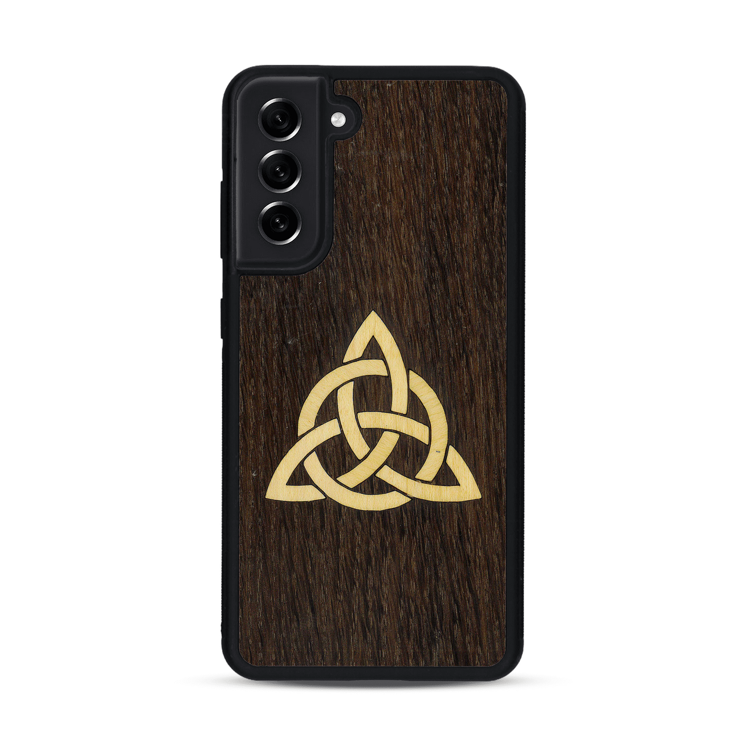 Coque de protection en bois véritable fabriquée en France pour  alliant du chêne fumé et du bambou représentant une triquetra