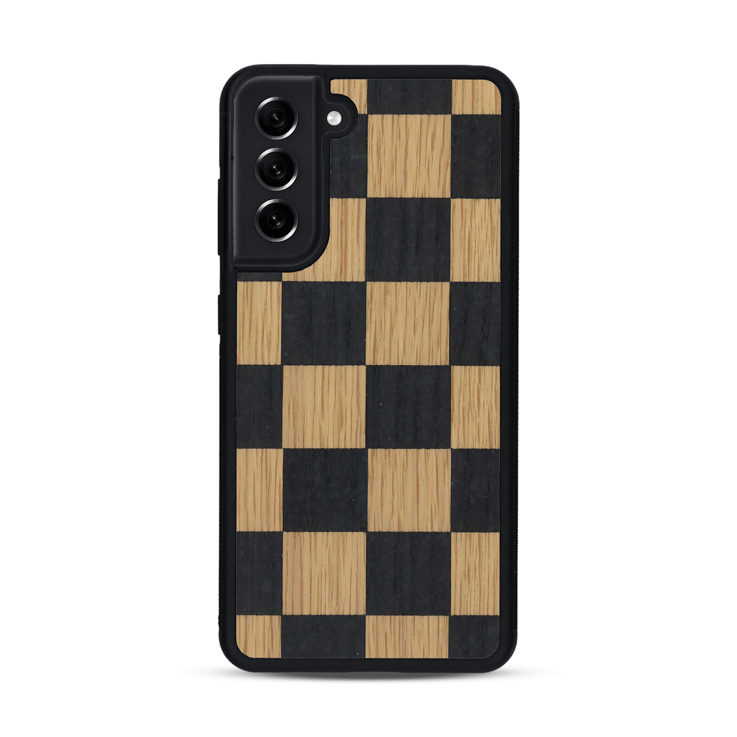 Coque de protection en bois véritable fabriquée en France pour  alliant plusieurs essences de bois pour représenter un damier