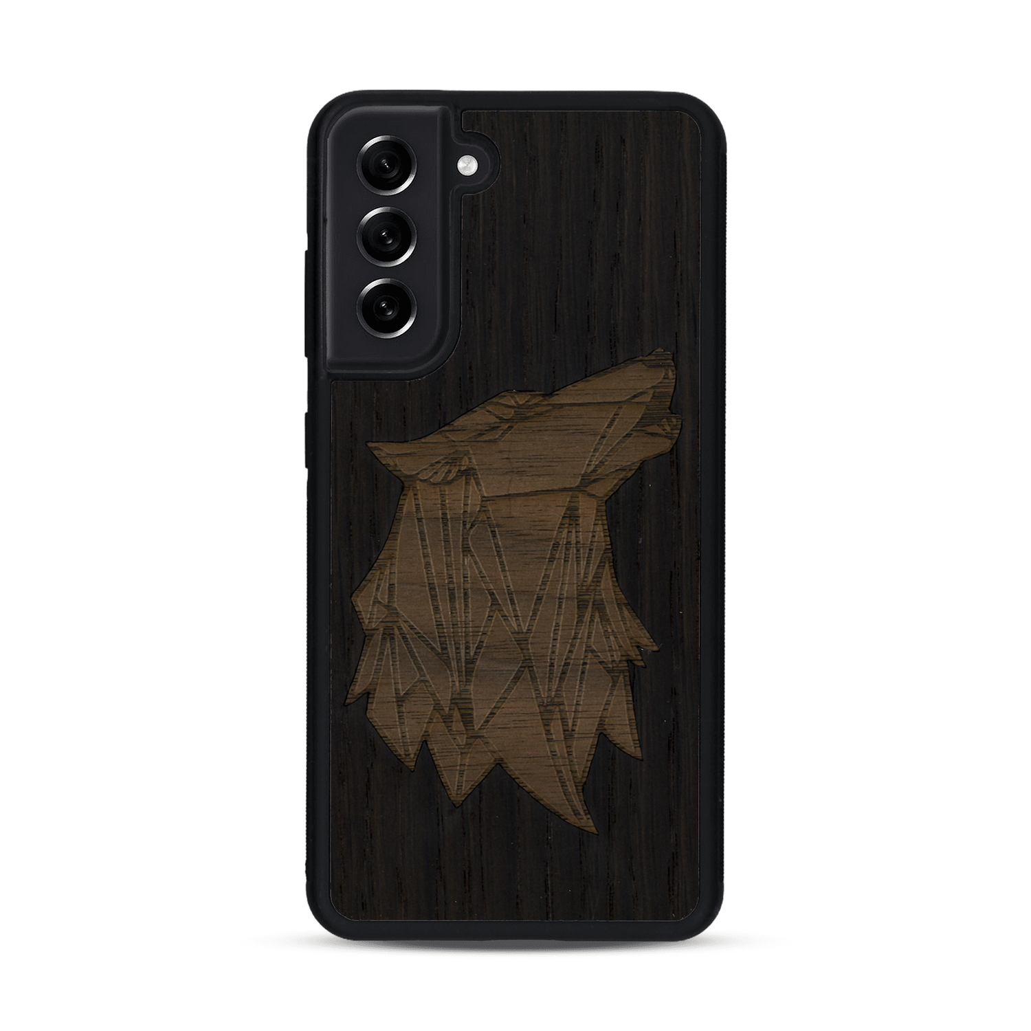 Coque de protection en bois véritable fabriquée en France pour  alliant du chêne fumé et du noyer représentant une tête de loup géométrique de profil sur le thème des animaux et de la nature