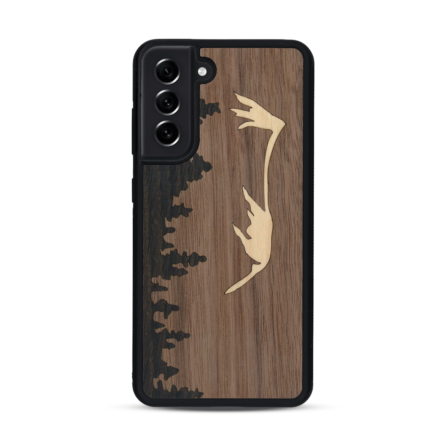 Coque de protection en bois véritable fabriquée en France pour  sur le thème de la nature et de la montagne qui allie du chêne fumé, du noyer et du bambou représentant le mont mézenc