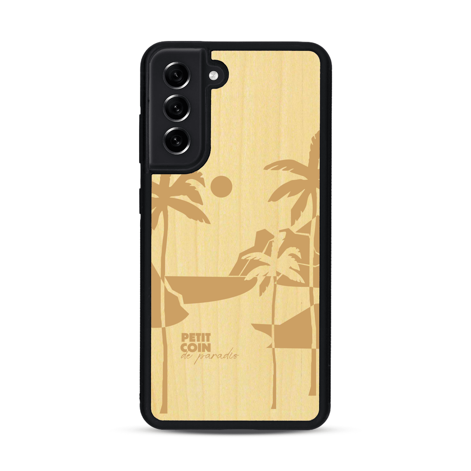 Coque de protection en bois véritable fabriquée en France pour  sur le thème des voyages en vans, vanlife et chill avec une gravure représentant un van vw combi devant le soleil couchant sur une plage avec des vagues