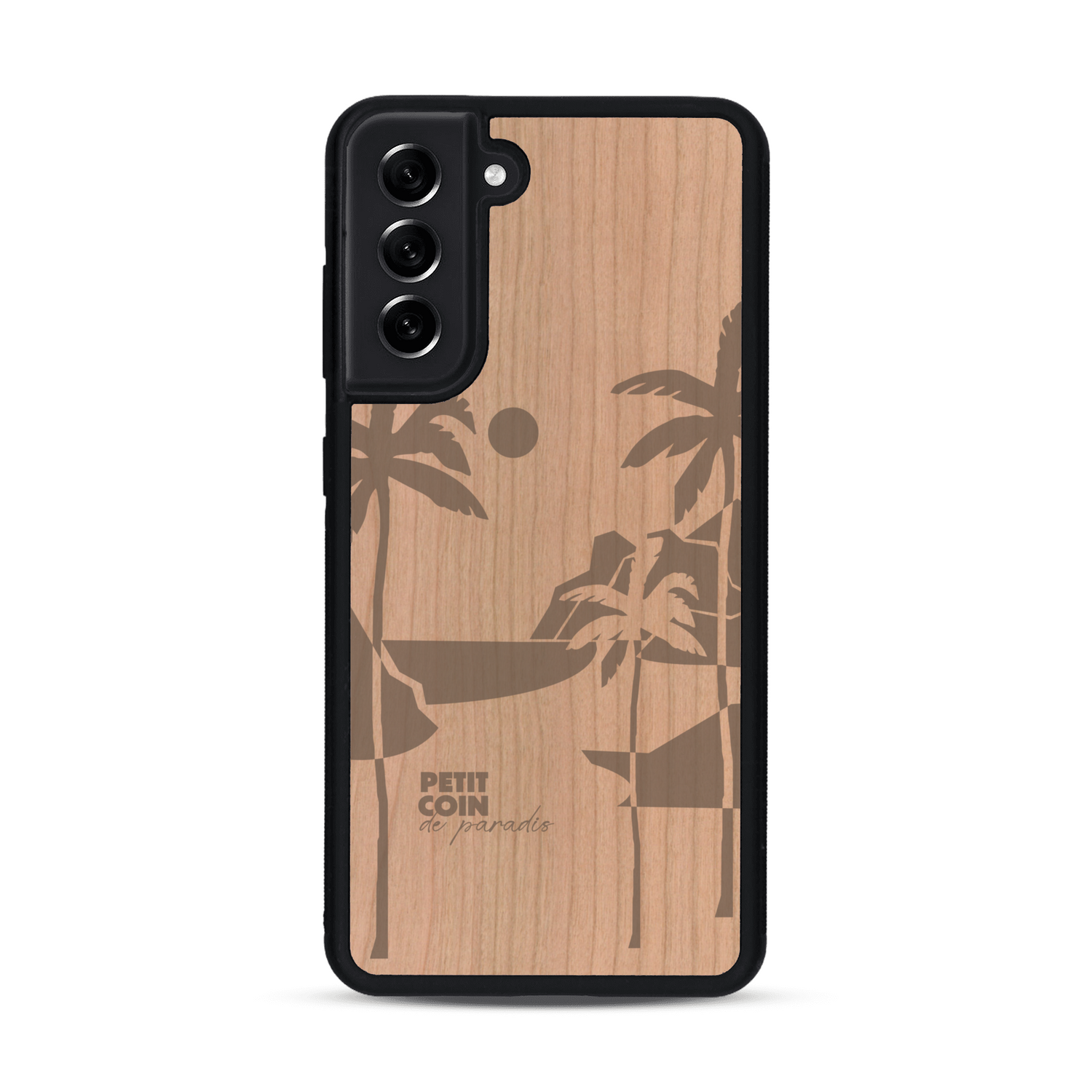 Coque de protection en bois véritable fabriquée en France pour  sur le thème des voyages en vans, vanlife et chill avec une gravure représentant un van vw combi devant le soleil couchant sur une plage avec des vagues