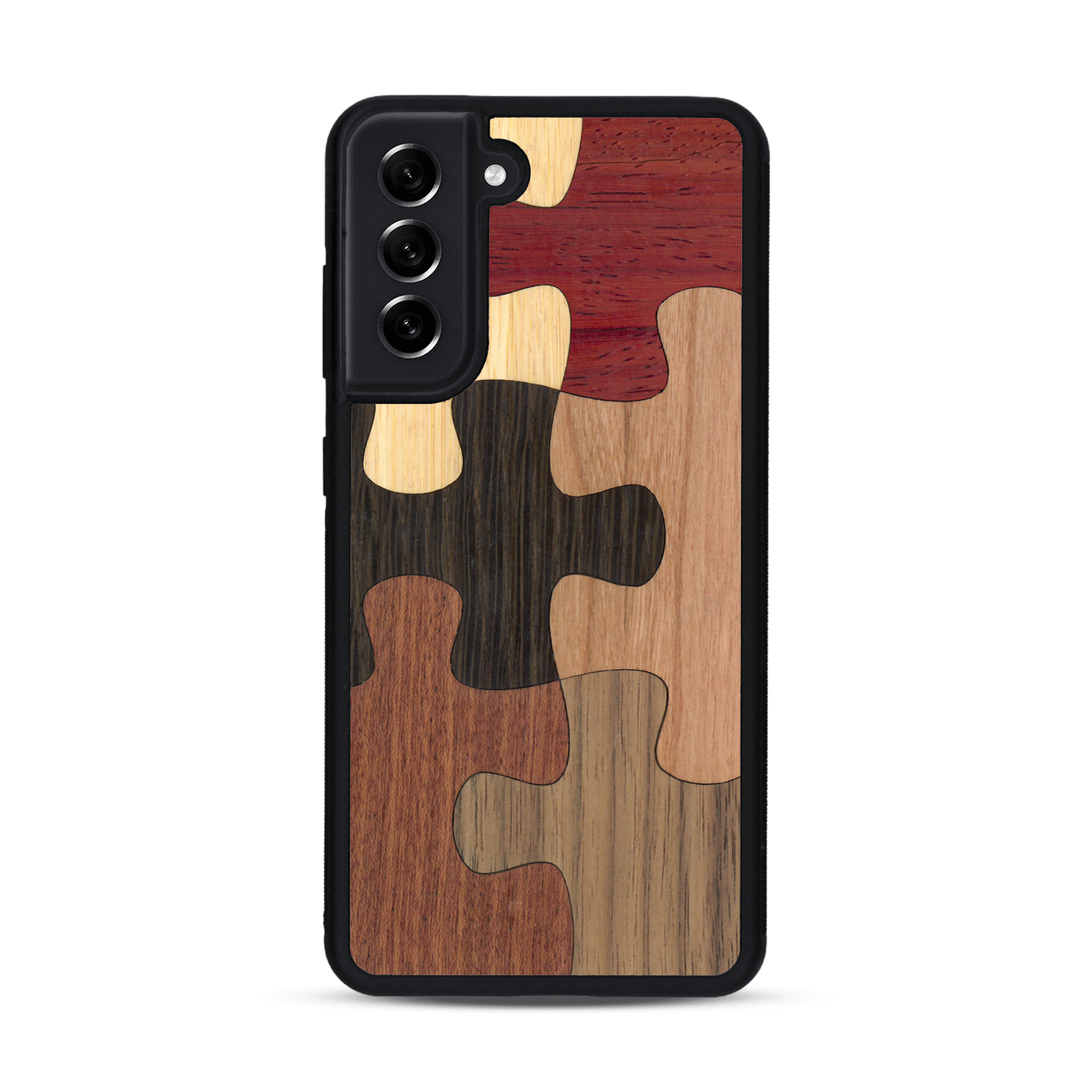 Coque de protection en bois véritable fabriquée en France pour  représentant un puzzle en six pièces qui allie du chêne fumé, du noyer, du bambou, du padouk, du merisier et de l'acajou
