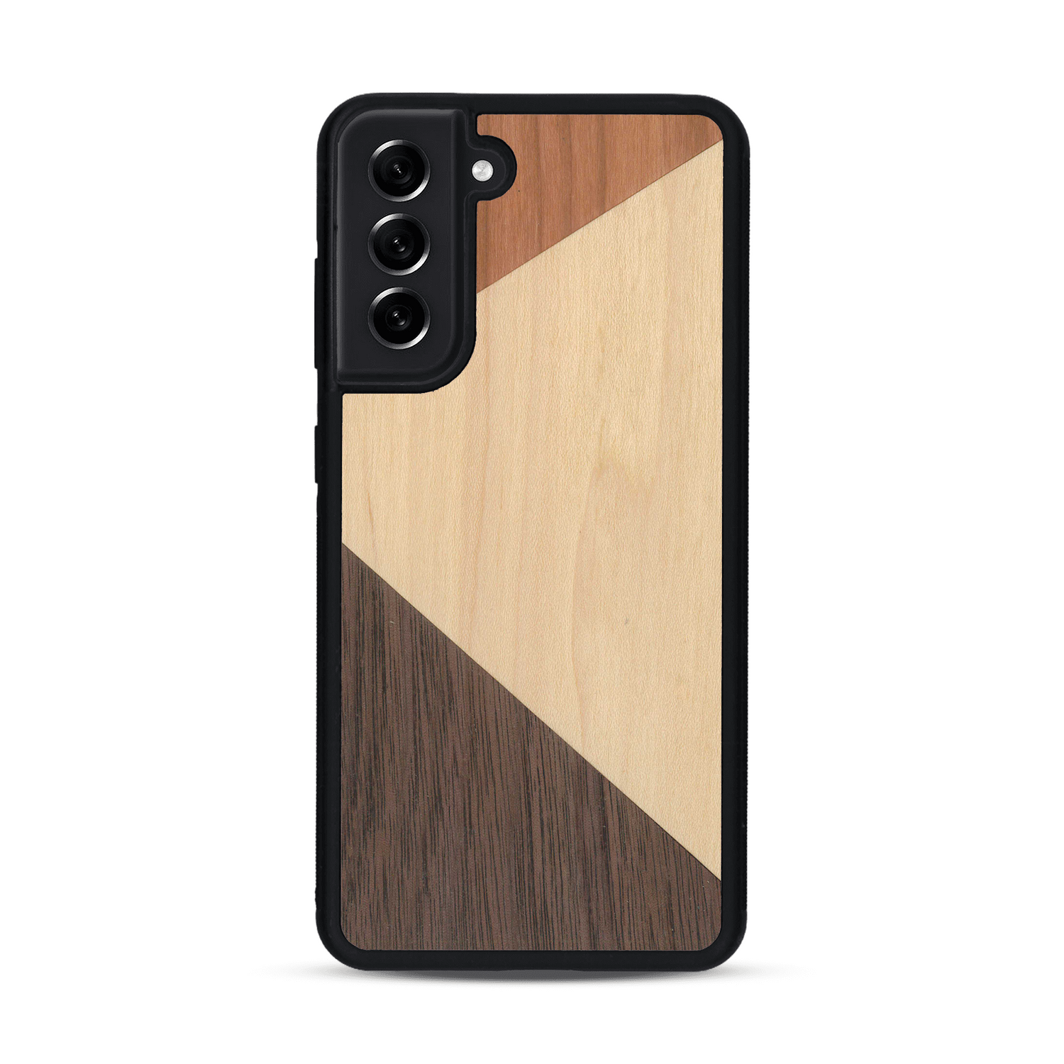 Coque de protection en bois véritable fabriquée en France pour  alliant du merisier, du noyer et du bambou formant chacun deux triangles et un trapèze avec deux jointures en diagonale sur le thème de l'art abstrait