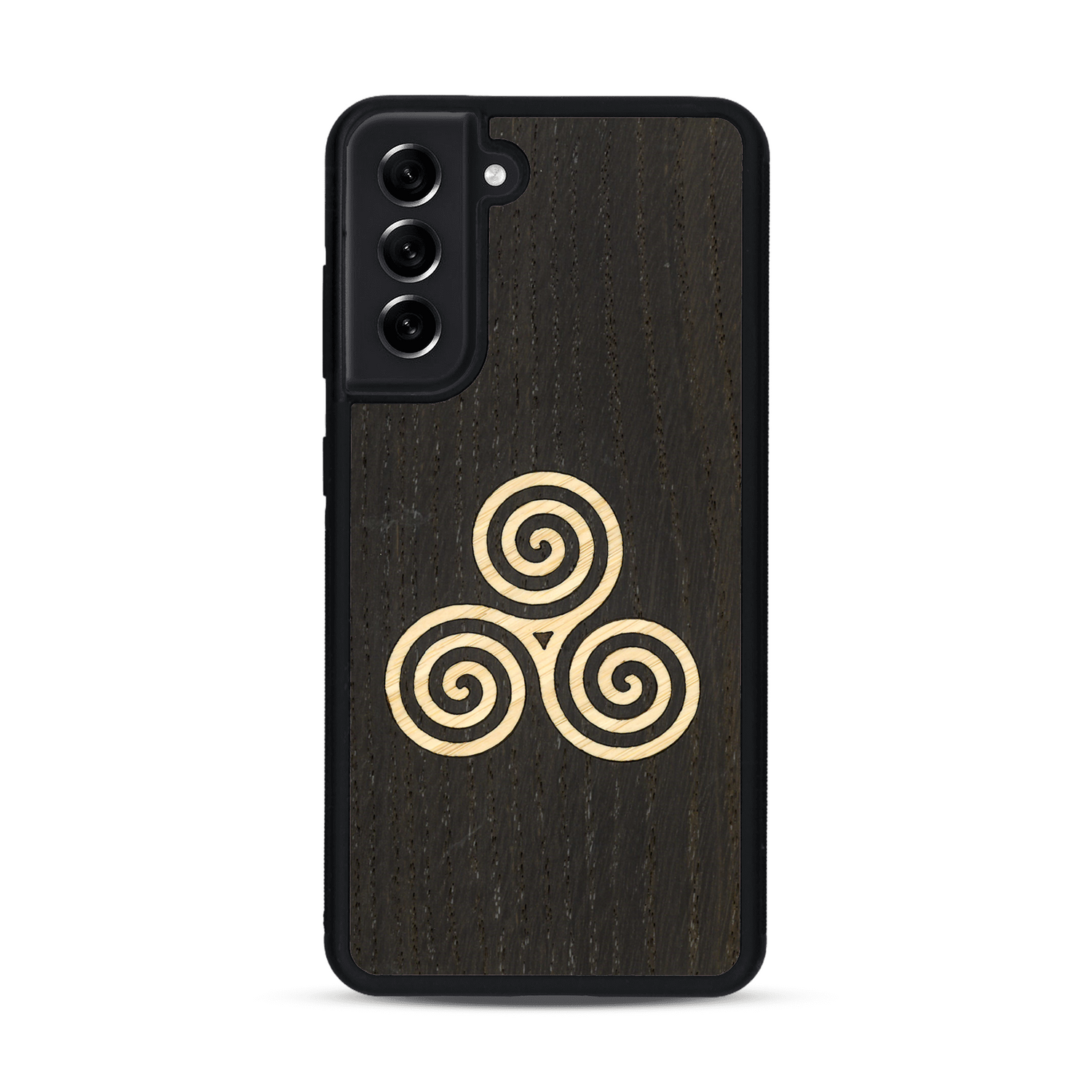 Coque de protection en bois véritable fabriquée en France pour  alliant du chêne fumé et du bambou et doré représentant un triskell