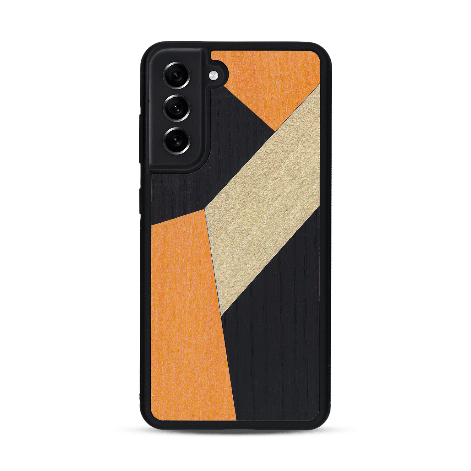 Coque de protection en bois véritable fabriquée en France pour  alliant du bambou, du tulipier orange et noir en forme de mosaïque minimaliste sur le thème de l'art abstrait
