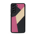 Coque de protection en bois véritable fabriquée en France pour  alliant du bambou, du tulipier rose et noir en forme de mosaïque minimaliste sur le thème de l'art abstrait