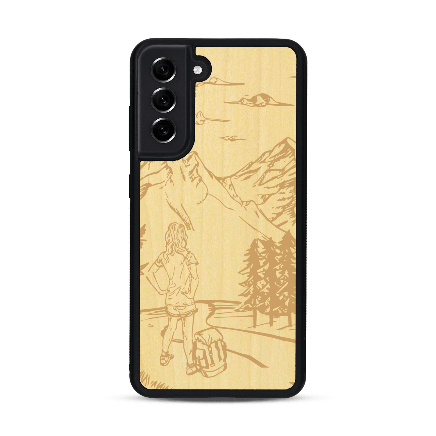 Coque de protection en bois véritable fabriquée en France pour  sur le thème de la randonnée en montagne et de l'aventure avec une gravure représentant une femme de dos face à un paysage de nature