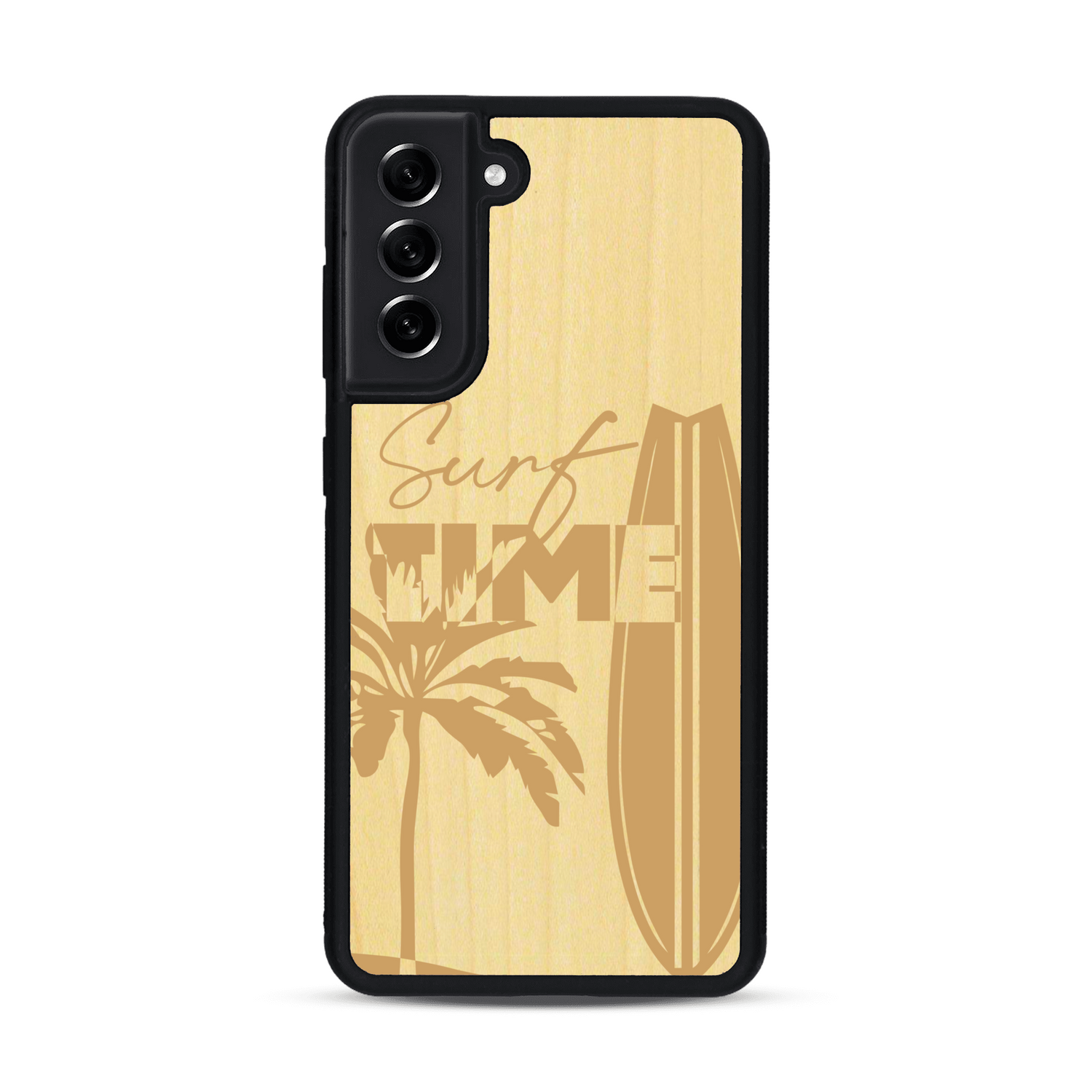Coque de protection en bois véritable fabriquée en France pour  sur le thème chill avec un motif représentant une silouhette tenant une planche de surf sur une plage entouré de palmiers et les mots "Surf Time Long Beach Miami"