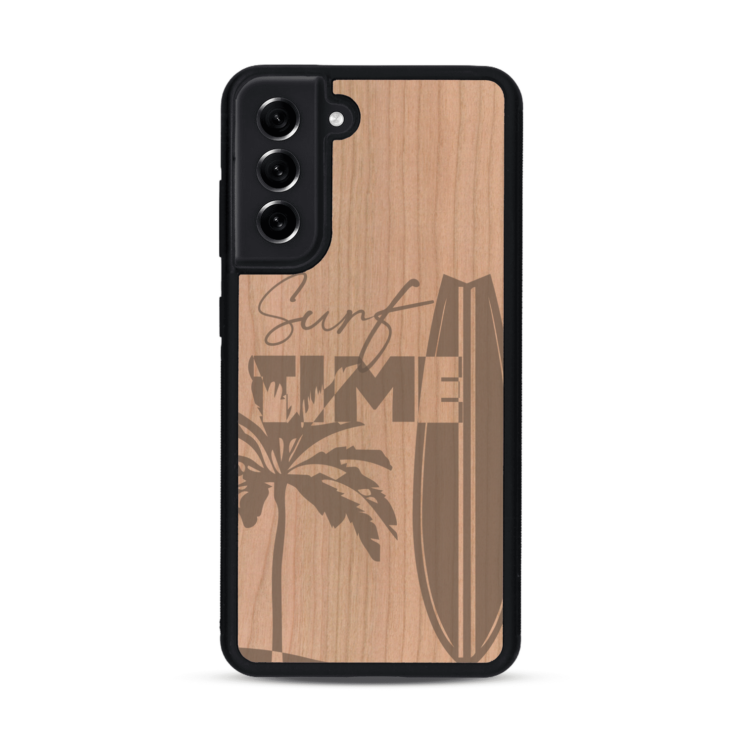 Coque de protection en bois véritable fabriquée en France pour  sur le thème chill avec un motif représentant une silouhette tenant une planche de surf sur une plage entouré de palmiers et les mots "Surf Time Long Beach Miami"