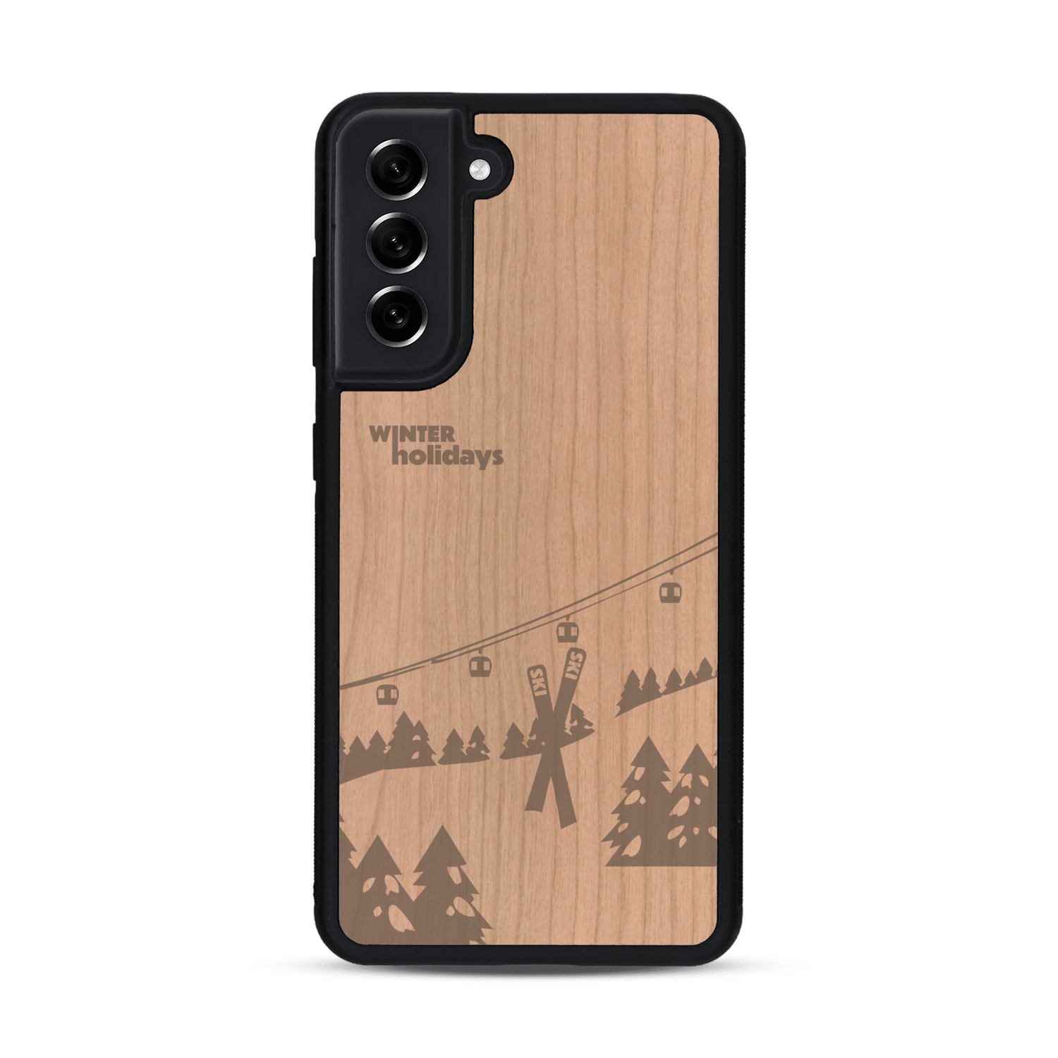 Coque de protection en bois véritable fabriquée en France pour  sur le thème de la montagne, du ski et de la neige avec un motif représentant une paire de ski plantée dans la neige avec en fond des montagnes enneigées