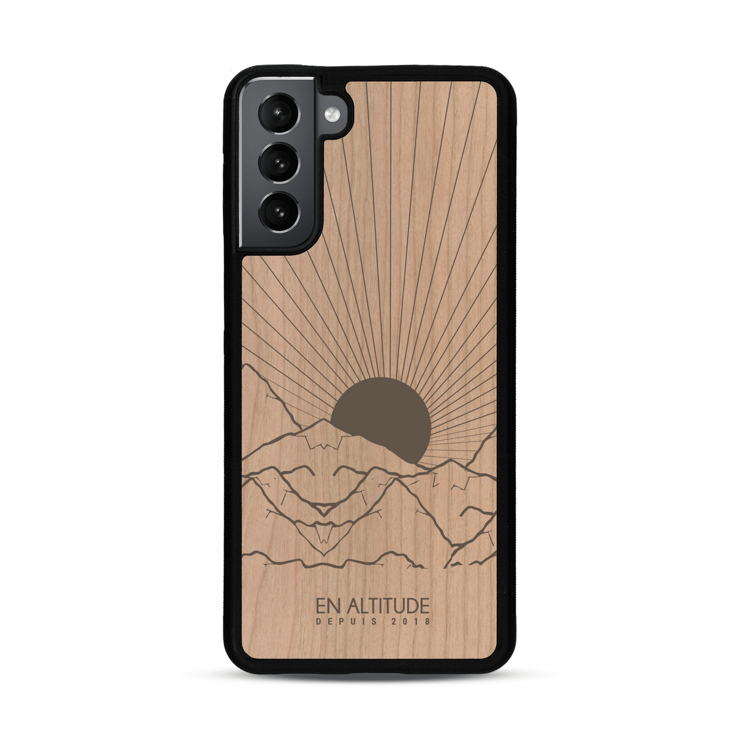 Coque de protection en bois véritable fabriquée en France pour  représentant des montagnes, sur le thème de la randonnée en pleine nature et du trail