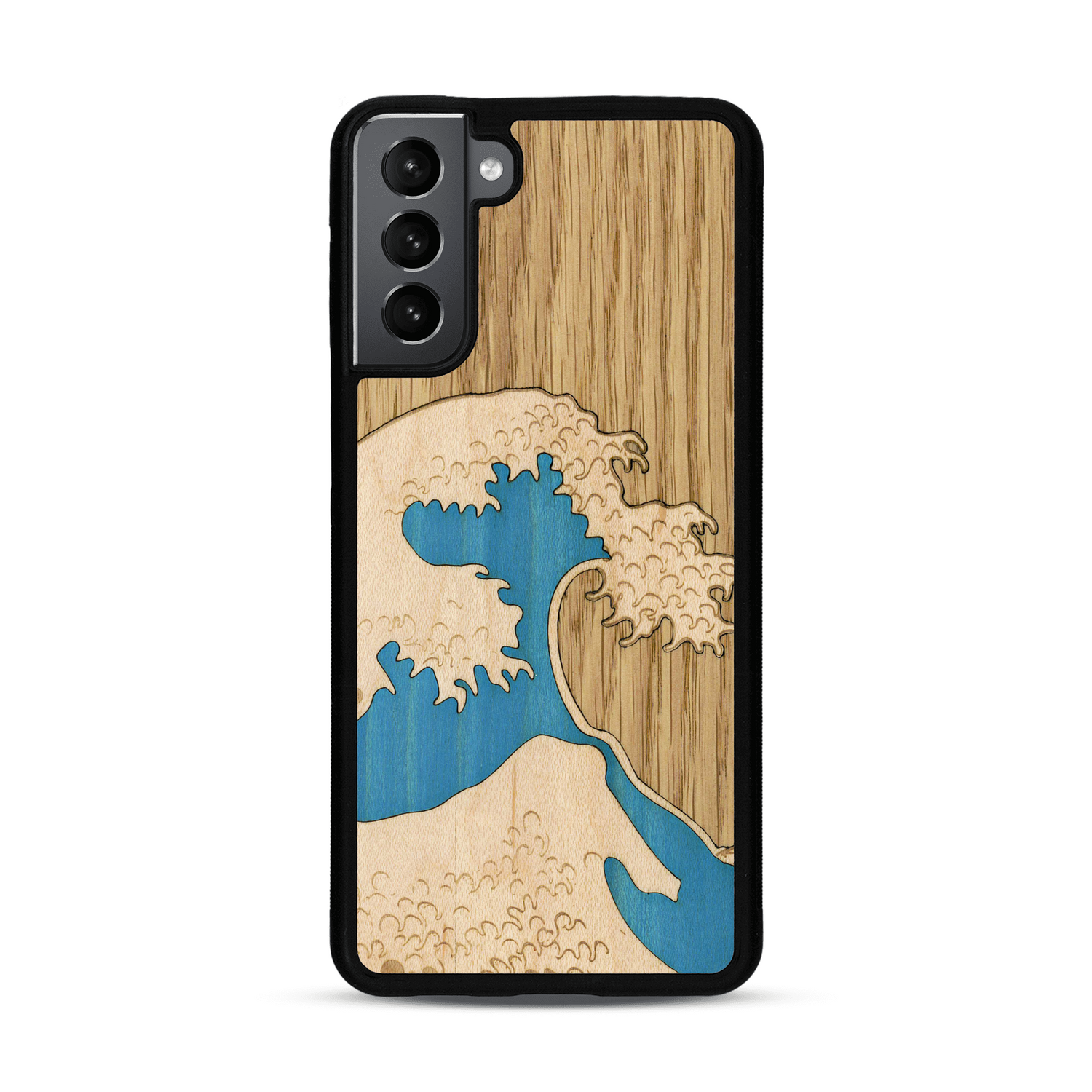 Coque de protection en bois véritable fabriquée en France pour  alliant plusieurs essences de bois pour représenter la célèbre grande vague de Kanagawa