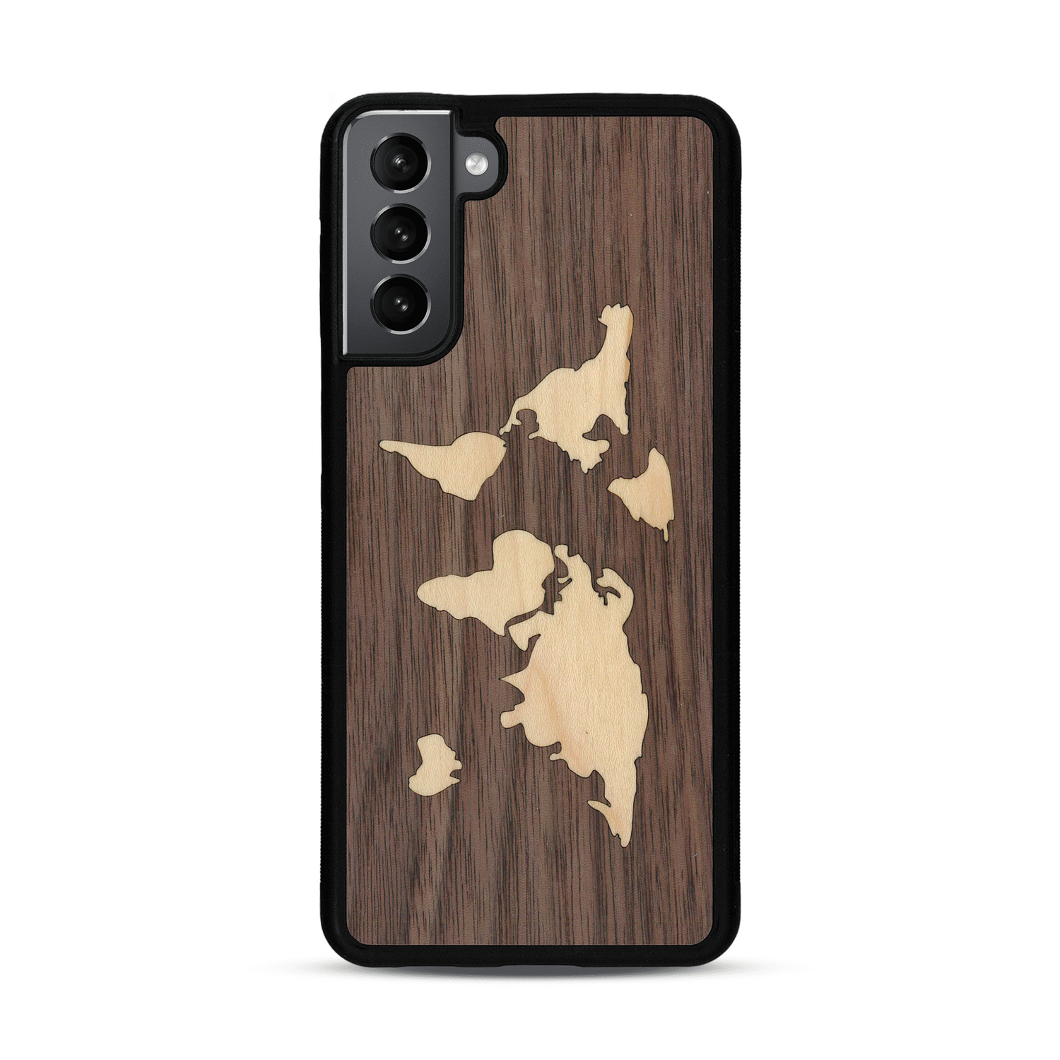 Coque de protection en bois véritable fabriquée en France pour  alliant du bambou et du noyer sur le thème du voyage et de l'aventure représentant une mappemonde