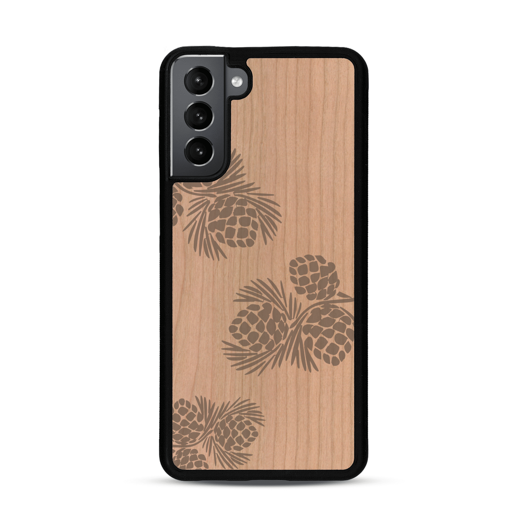 Coque de protection en bois véritable fabriquée en France pour  sur le thème de la nature des arbres avec un motif de gravure représentant des épines de sapin et des pommes de pin