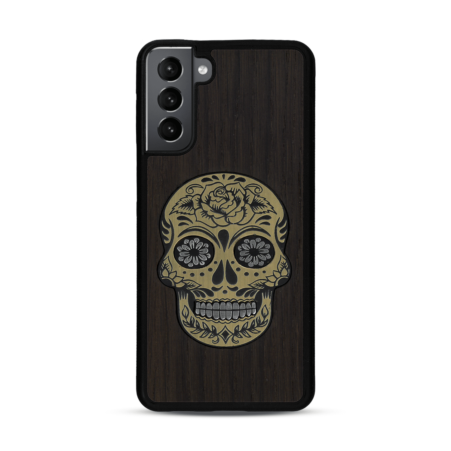 Coque de protection en bois véritable fabriquée en France pour  alliant du chêne fumé avec du métal argenté et doré représentant une tête de mort mexicaine sur le thème Dia de los Muertos