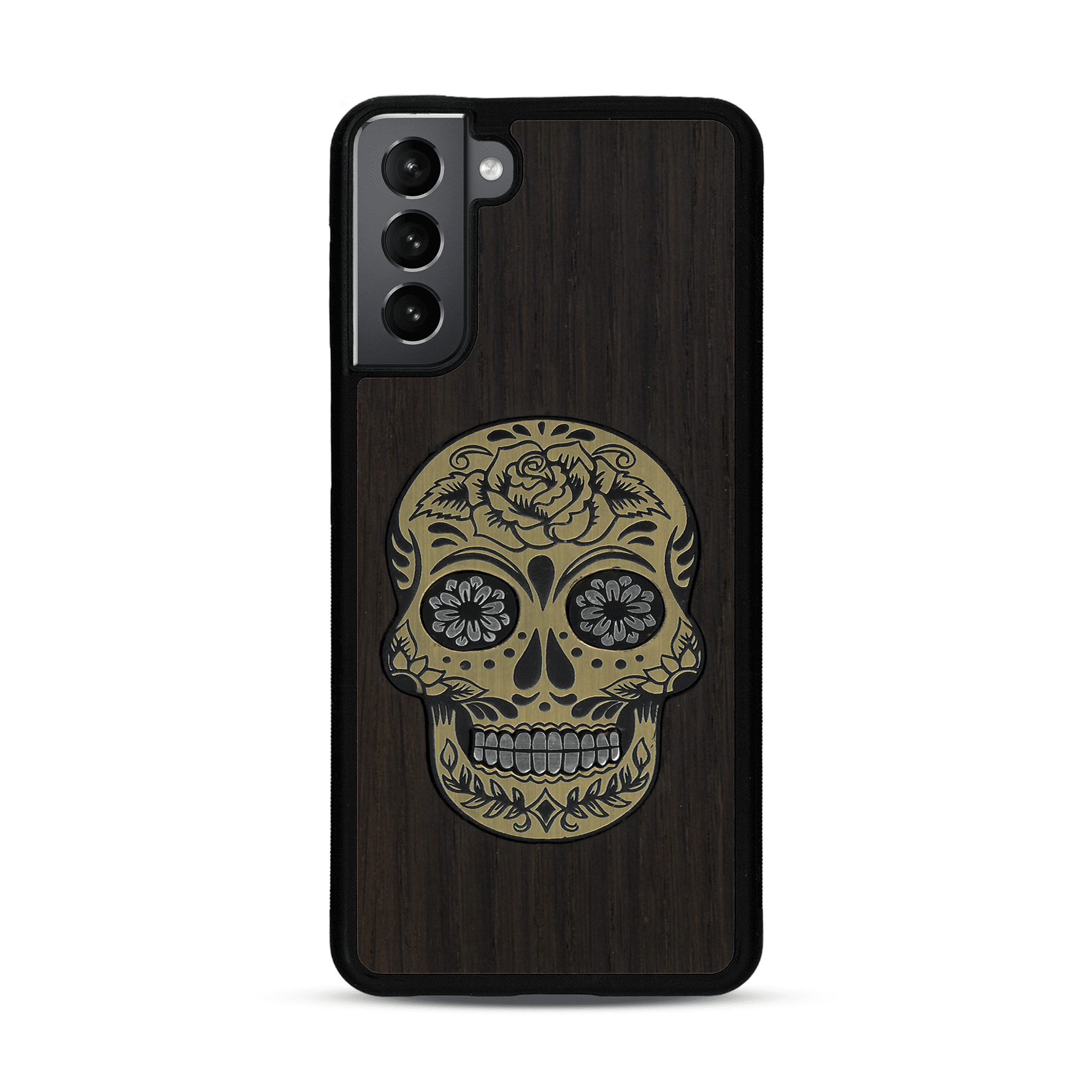 Coque de protection en bois véritable fabriquée en France pour  alliant du chêne fumé avec du métal argenté et doré représentant une tête de mort mexicaine sur le thème Dia de los Muertos