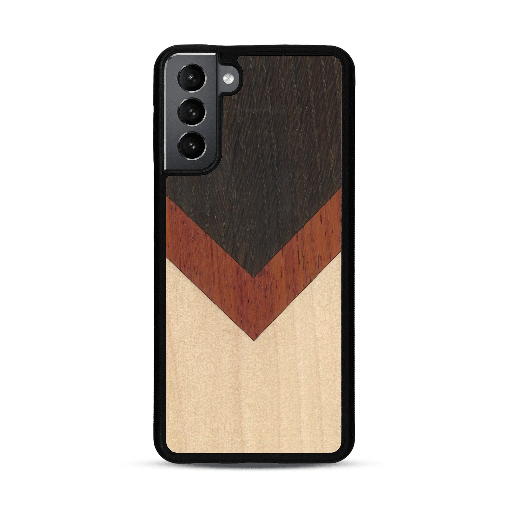 Coque de protection en bois véritable fabriquée en France pour  alliant du chêne fumé, du padouk et du bambou en forme de chevron sur le thème de l'art abstrait