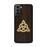 Coque de protection en bois véritable fabriquée en France pour  alliant du chêne fumé et du bambou représentant une triquetra