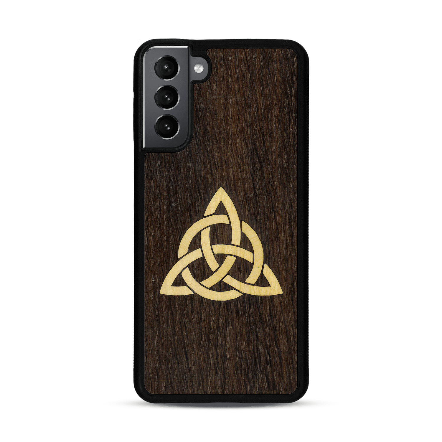 Coque de protection en bois véritable fabriquée en France pour  alliant du chêne fumé et du bambou représentant une triquetra