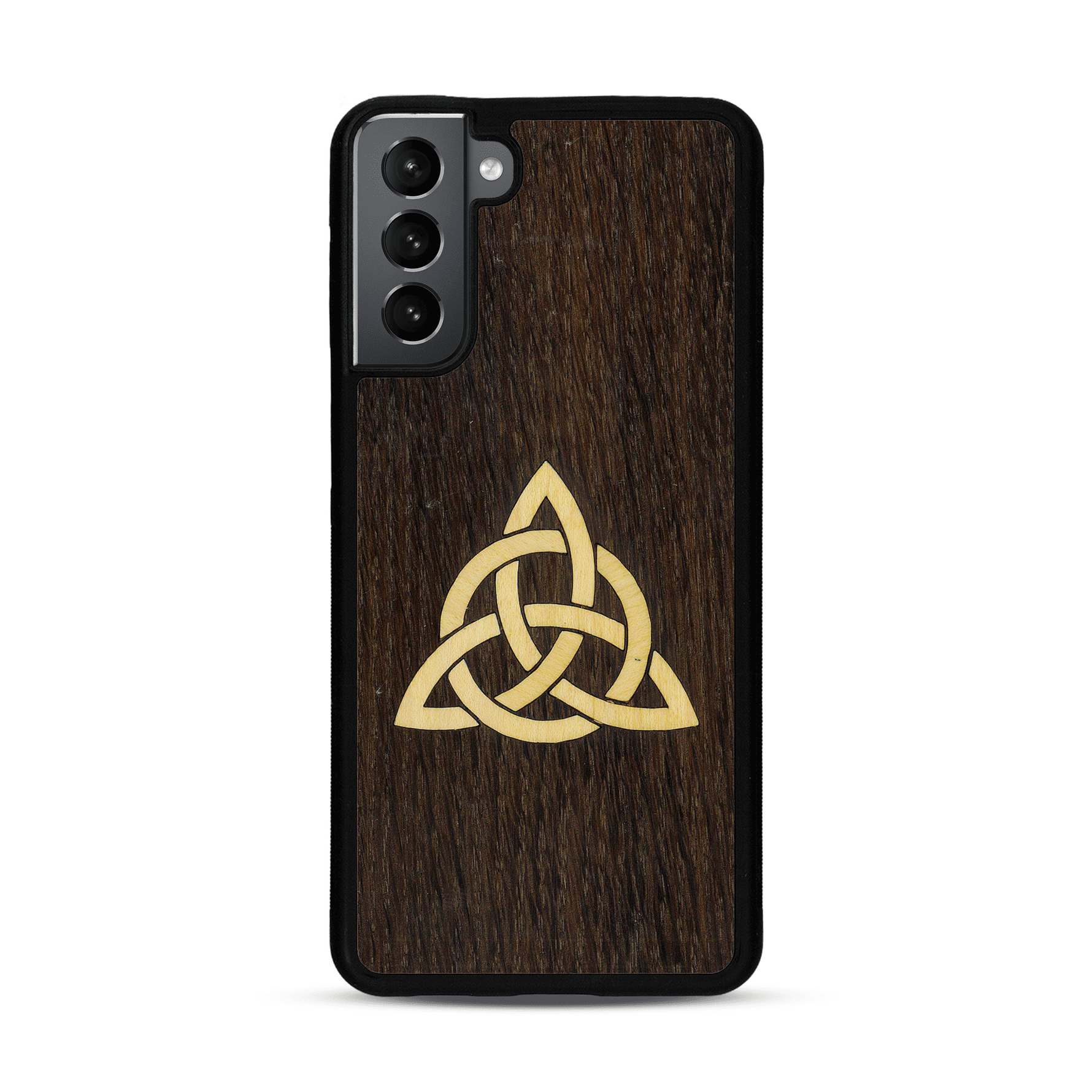 Coque de protection en bois véritable fabriquée en France pour  alliant du chêne fumé et du bambou représentant une triquetra
