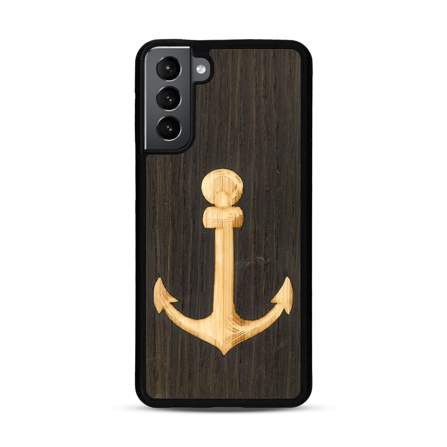 Coque de protection en bois véritable fabriquée en France pour  sur le thème nautique avec un bois clair et un bois foncé représentant une ancre de bateau